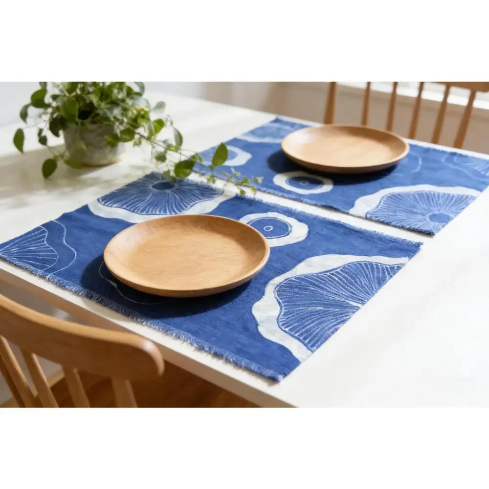 Handmade Cotton Placemat | Indigo Batik Table Mat | Lotus Table Decor
